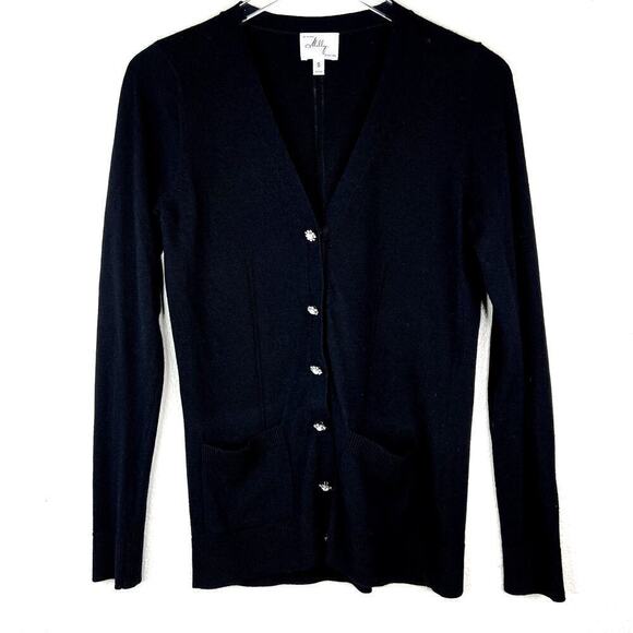 Milly Black Angora Blend Knit Cardigan Sweater Snap Button Crystal Flower SMALL - Picture 1 of 7